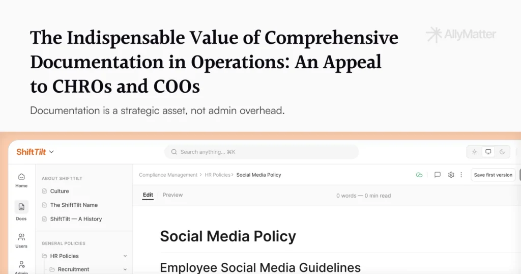 AllyMatter interface showing a structured HR policy library with a Social Media Policy document open under Compliance Management, with left-side navigation displaying HR Policies, Recruitment, and other categories organized by section.