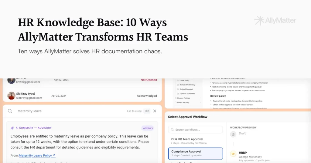 AllyMatter blog banner for the article HR Knowledge Base: 10 Ways AllyMatter Transforms HR Teams, with the subtitle "Ten ways AllyMatter solves HR documentation chaos." Background shows composite screenshots of the acknowledgment tracking view with employee statuses, the search interface with a maternity leave query and AI summary, the HR library document view, and the Select Approval Workflow dialog.
