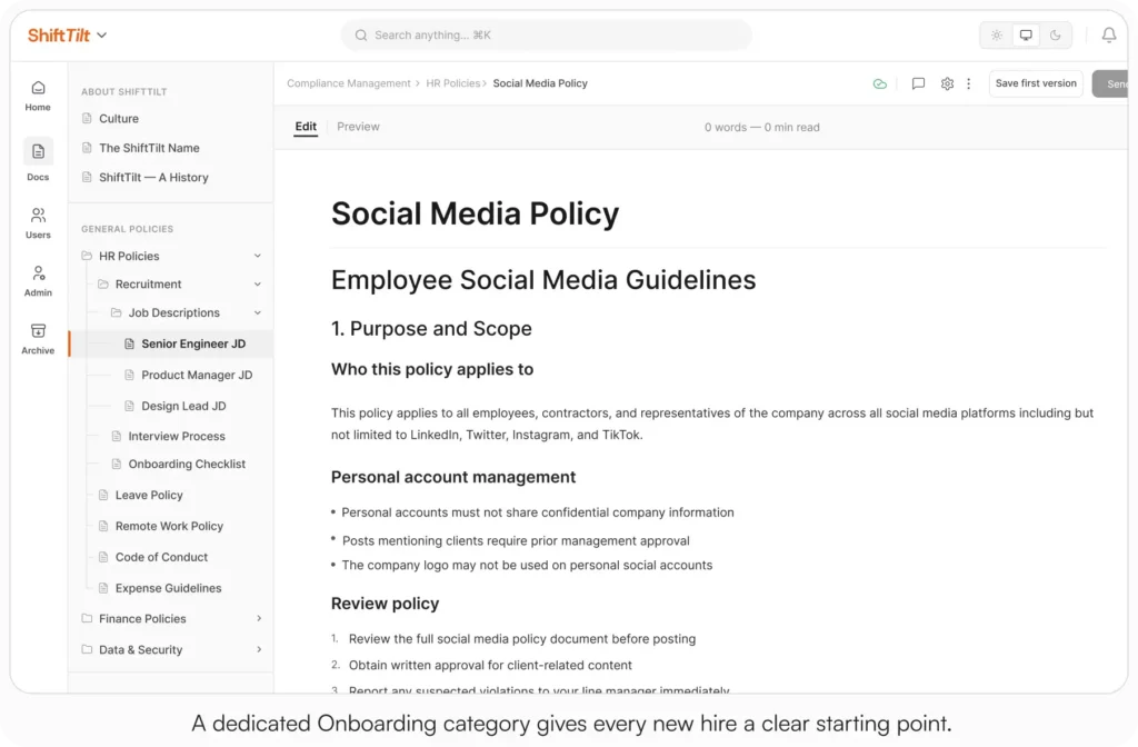 AllyMatter knowledge base showing a Social Media Policy document open in the editor, with a left sidebar displaying HR Policies categories including Recruitment, Job Descriptions, Leave Policy, Remote Work Policy, Code of Conduct, and Expense Guidelines under General Policies
Caption: A dedicated Onboarding category gives every new hire a clear starting point.