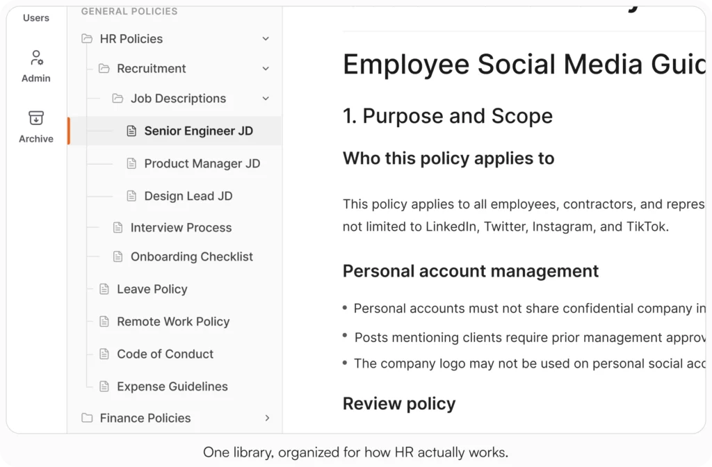 AllyMatter HR knowledge base showing HR policies, onboarding checklist, and job descriptions organized by category