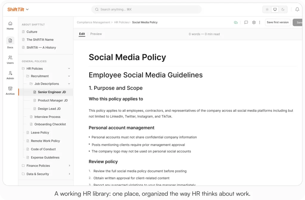 AllyMatter document editor showing a Social Media Policy open under the Compliance Management > HR Policies category for a company called ShiftTilt, with a left sidebar displaying a structured HR library including HR Policies, Recruitment, Job Descriptions, Leave Policy, Remote Work Policy, Code of Conduct, Finance Policies, and Data & Security folders.