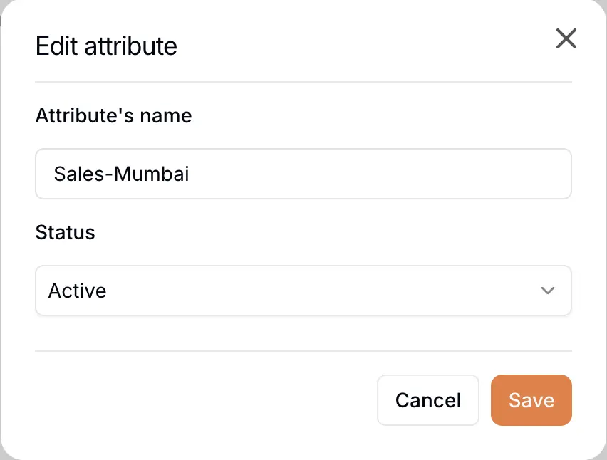 AllyMatter interface showing the edit attribute modal with attribute name “Sales-Mumbai” and status set to Active