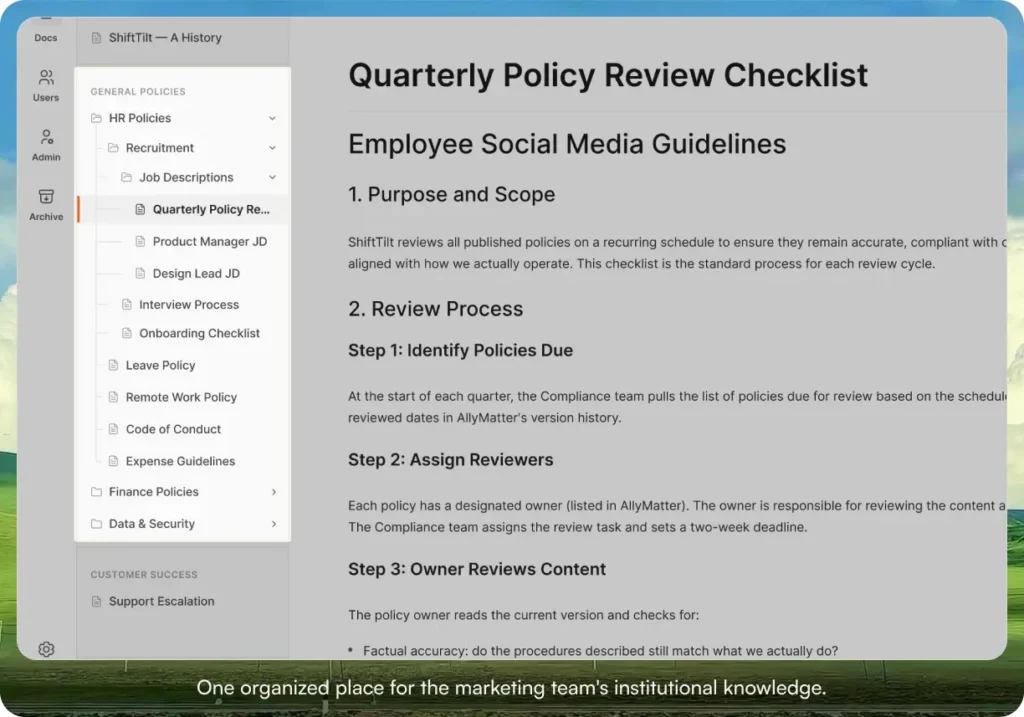 Sidebar showing categorized document folders next to an open policy document titled Quarterly Policy Review Checklist