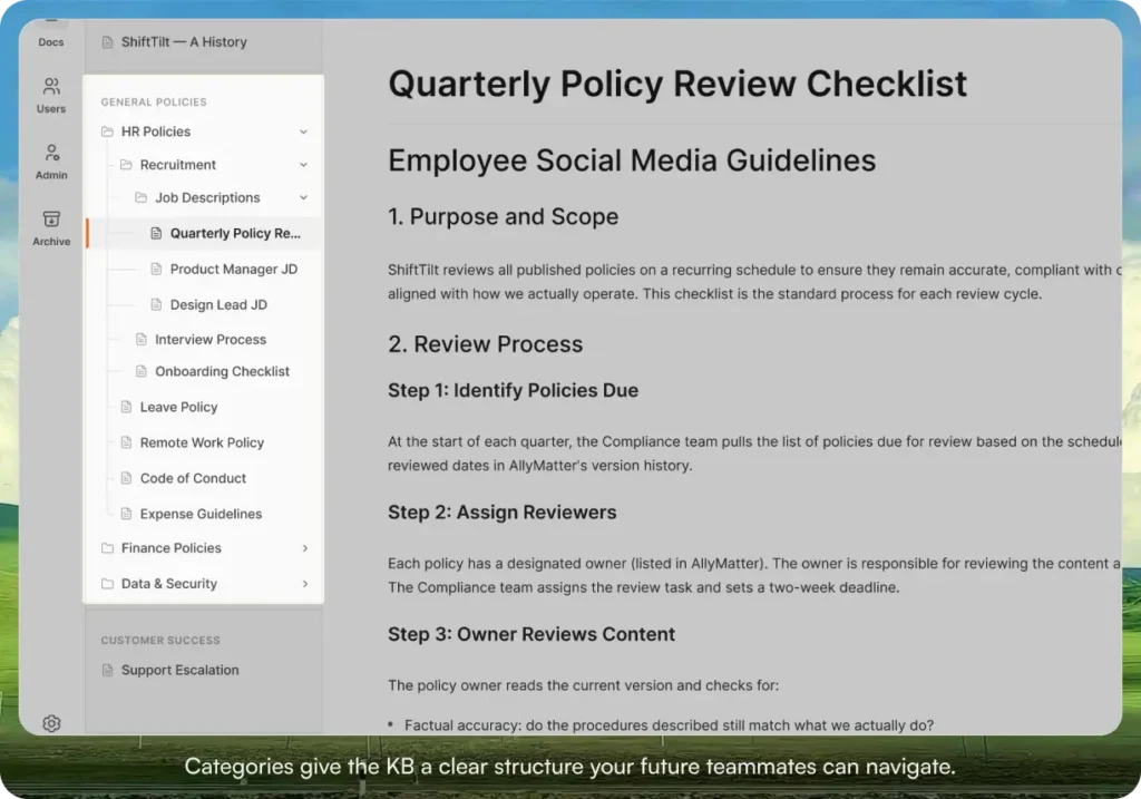AllyMatter document library showing a sidebar with categories including HR Policies, Recruitment, and Job Descriptions, with the "Quarterly Policy Review Checklist" document open in the main panel.