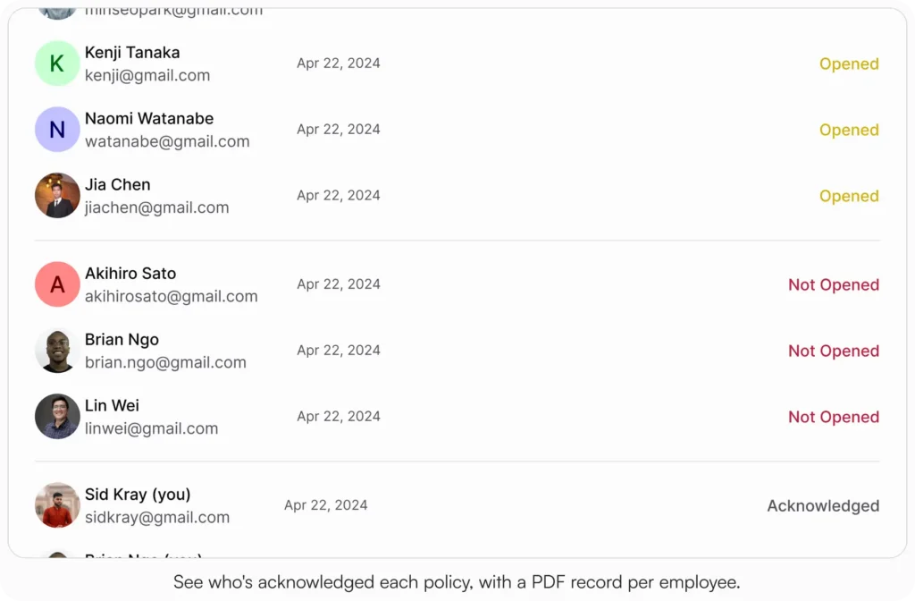 AllyMatter acknowledgment tracking view listing employee names, email addresses, open dates, and acknowledgment statuses. Kenji Tanaka, Naomi Watanabe, and Jia Chen show Opened status dated April 22 2024. Akihiro Sato, Brian Ngo, and Lin Wei show Not Opened in red. Sid Kray (you) shows Acknowledged status.