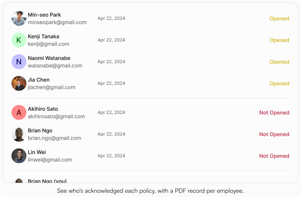 AllyMatter acknowledgment tracking view showing seven employees listed with name, email, and date (Apr 22, 2024). Four marked Opened in yellow, three marked Not Opened in red