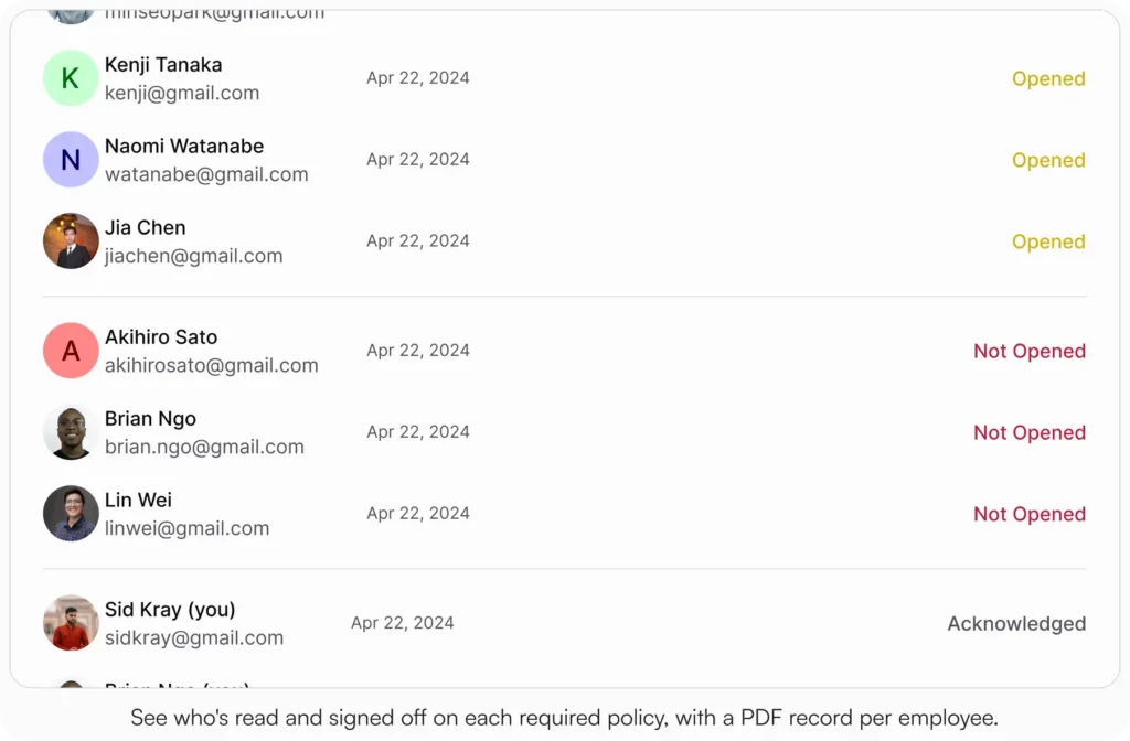AllyMatter acknowledgment tracking panel showing a list of employees with their acknowledgment status dated April 22 2024, including Opened status for Kenji Tanaka, Naomi Watanabe, and Jia Chen, Not Opened for Akihiro Sato, Brian Ngo, and Lin Wei, and Acknowledged for Sid Kray
Caption: See who's read and signed off on each required policy, with a PDF record per employee.