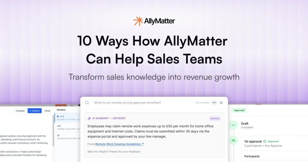 AllyMatter blog banner titled "10 Ways How AllyMatter Can Help Sales Teams" with the subheading "Transform sales knowledge into revenue growth," featuring a composite of three product screenshots showing a smart search panel, a document version history panel, and an approval workflow status screen