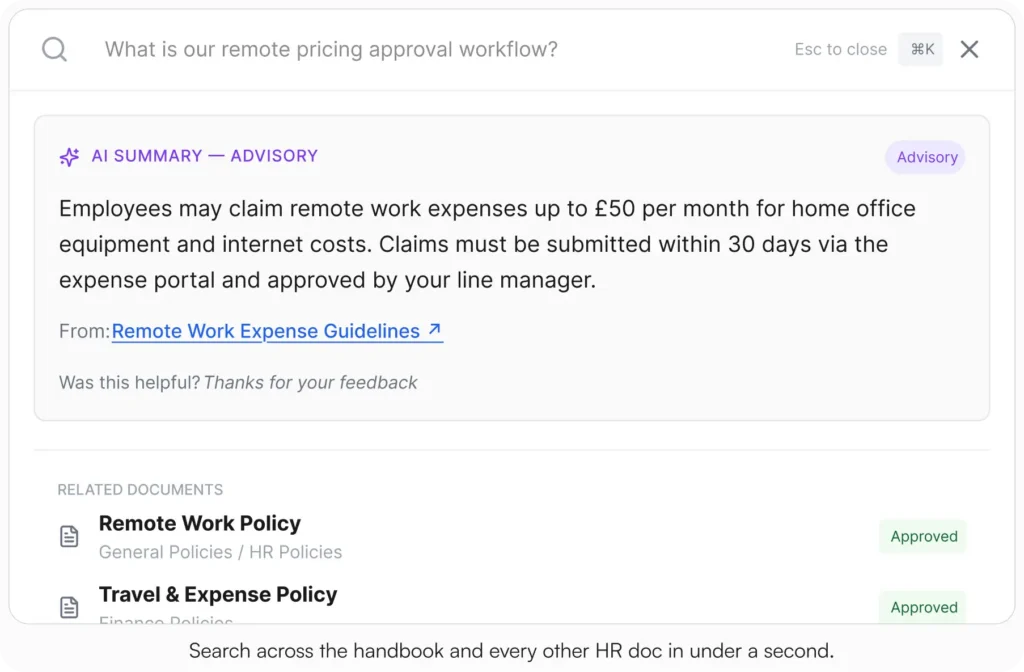 AllyMatter search interface with the query "What is our remote pricing approval workflow?" showing an AI Summary Advisory card with a policy excerpt about remote work expense claims up to £50 per month, sourced from Remote Work Expense Guidelines, with related documents Remote Work Policy and Travel & Expense Policy shown below as Approved.