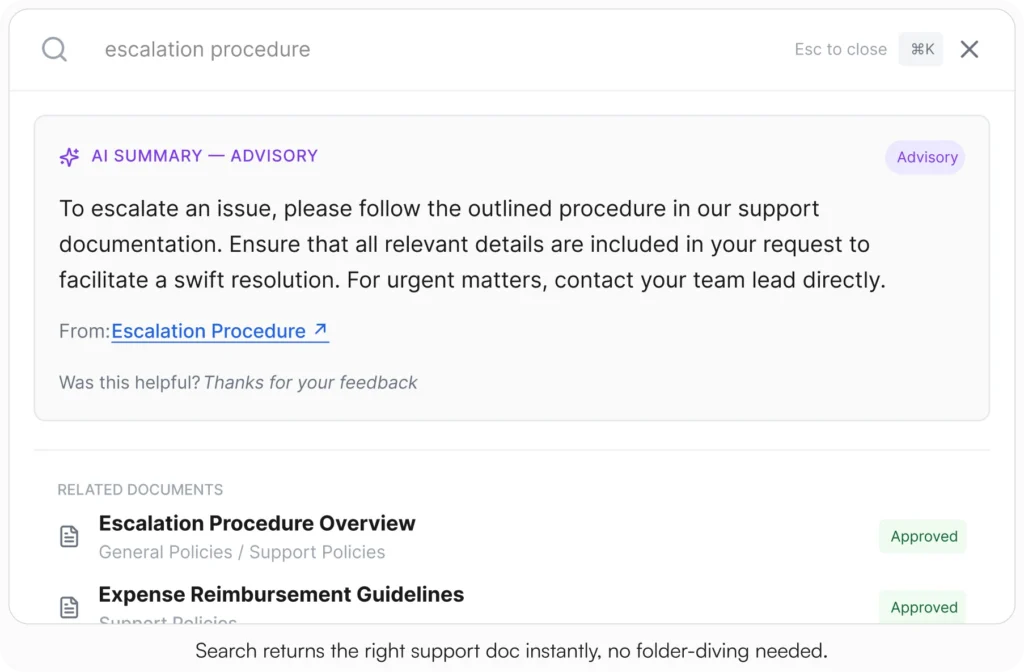 AllyMatter search interface showing a query for "escalation procedure" with an AI-generated advisory summary of the escalation process, a source link to the Escalation Procedure document, and related documents including Escalation Procedure Overview and Expense Reimbursement Guidelines both marked as approved