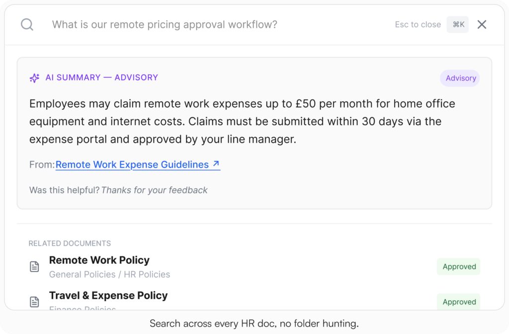 AllyMatter search interface with the query "What is our remote pricing approval workflow?" showing an AI Summary advisory card with remote work expense policy details sourced from Remote Work Expense Guidelines, followed by related documents Remote Work Policy and Travel and Expense Policy both marked Approved