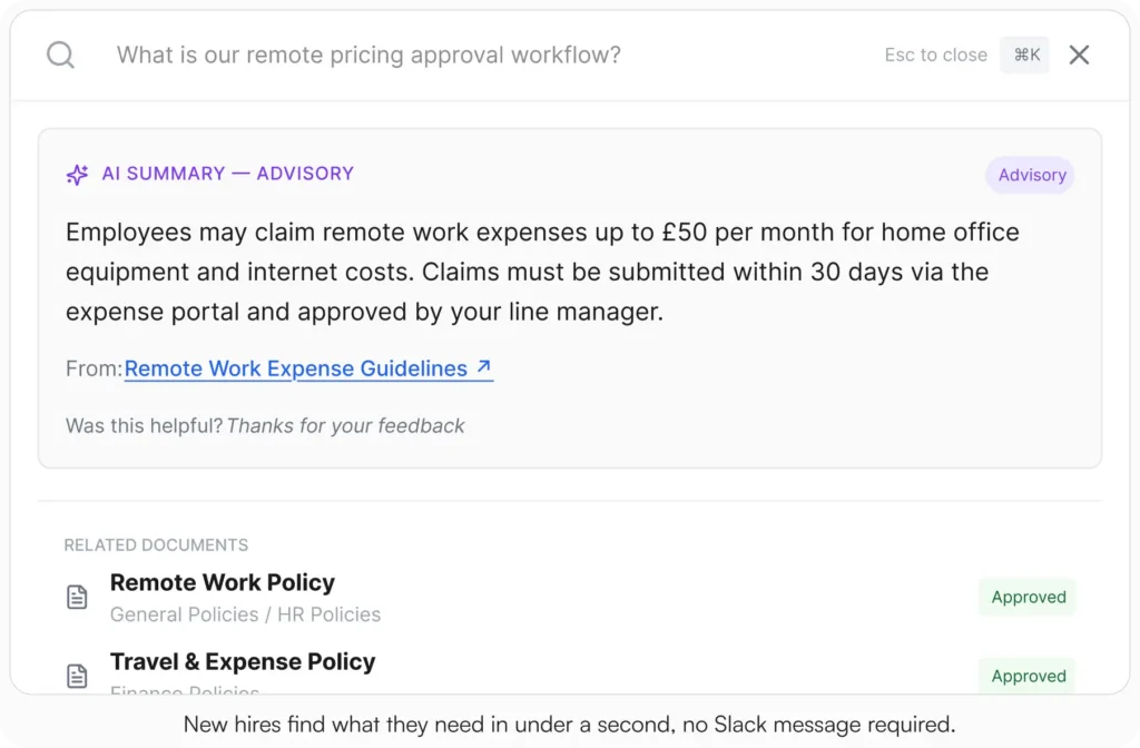 AllyMatter search interface with the query "What is our remote pricing approval workflow?" showing an AI Summary Advisory result explaining remote work expense claims up to £50 per month with a link to the Remote Work Expense Guidelines document, and related documents Remote Work Policy and Travel and Expense Policy shown below with Approved status