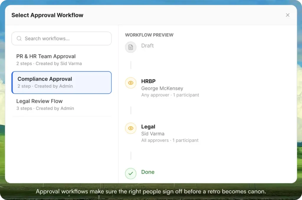 Approval workflow selection panel showing three workflow options (PR and HR Team Approval, Compliance Approval, Legal Review Flow) with a preview of the selected workflow's sequence: Draft, HRBP review, Legal review, and Done, each with assigned approver and approval type.