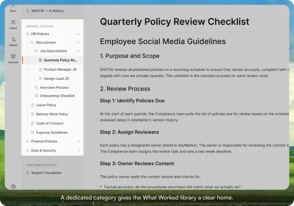 Document library view with a category sidebar (General Policies, HR Policies, Finance Policies, Data and Security) and an open document titled "Quarterly Policy Review Checklist" showing review steps.