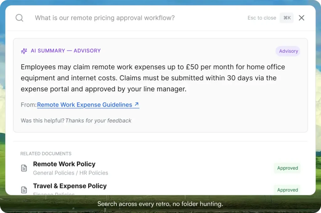 Search bar with the query "What is our remote pricing approval workflow?" showing an AI-generated advisory summary answer, a link to the source document, and related documents listed below with their approval status.