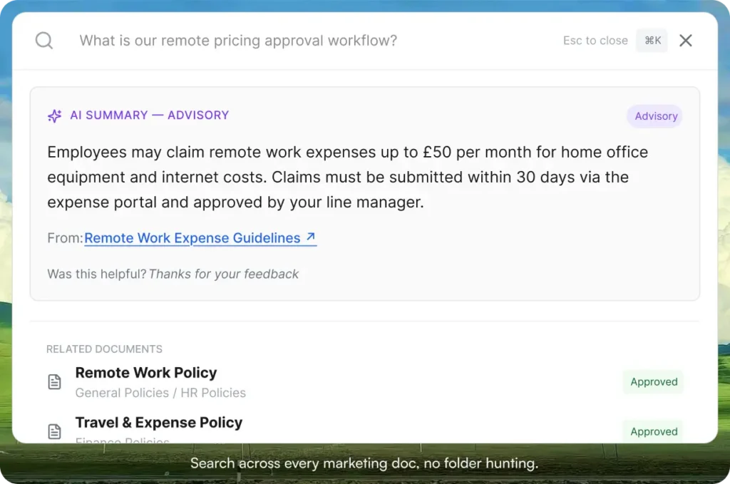 Search bar with the query "What is our remote pricing approval workflow?" showing an AI-generated advisory summary answer, a link to the source document, and related documents listed below with their approval status.