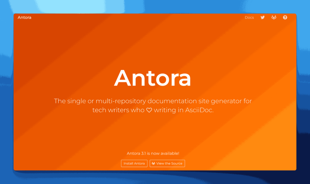 Antora static site generator homepage for multi-repository documentation with AsciiDoc support for technical writers and developer teams