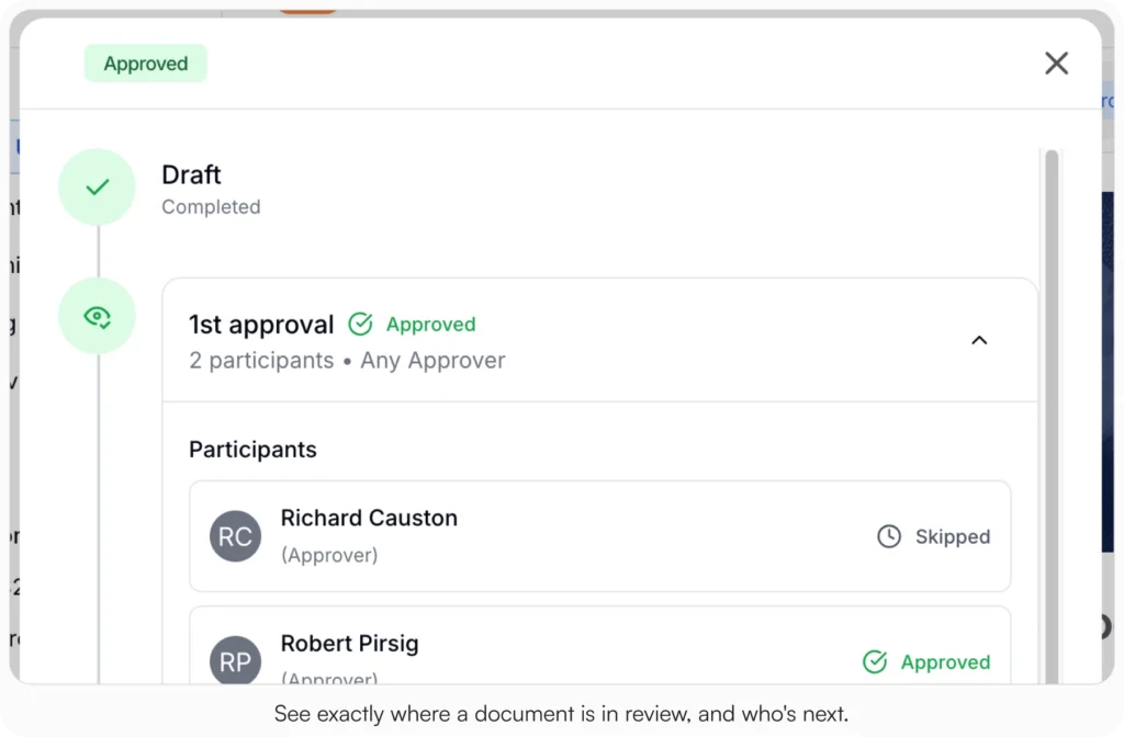 AllyMatter approval workflow panel showing completed draft stage, first approval status, and individual approver actions for marketing content review