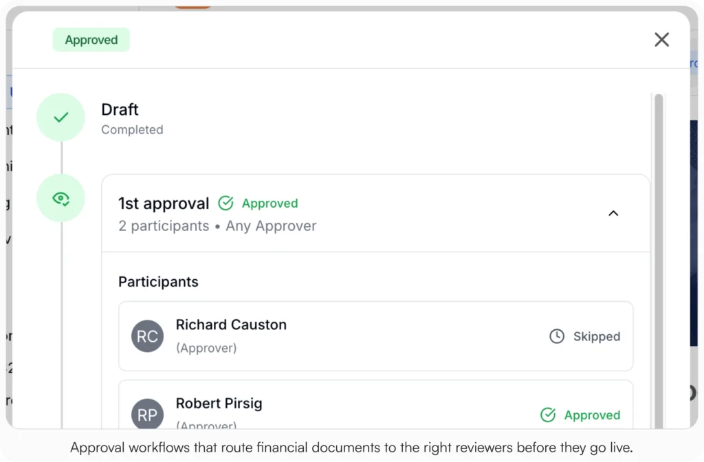 AllyMatter approval workflow showing a completed draft stage and an approved first review stage with two named participants and their individual approval statuses visible.