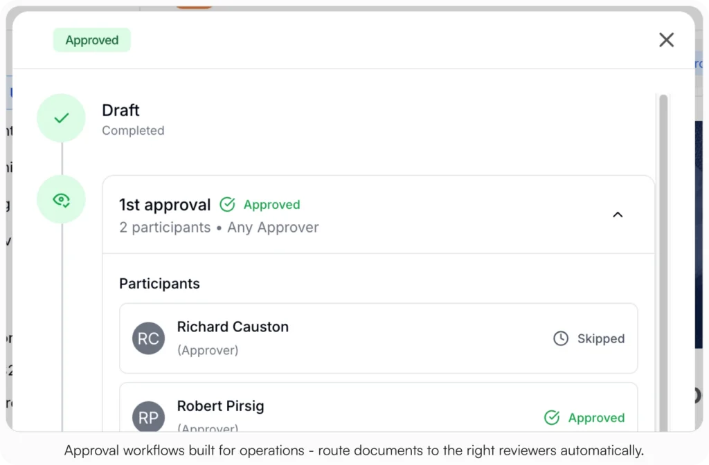 AllyMatter approval workflow screen showing a completed approval with two participants, one skipped and one approved, under a first approval stage.