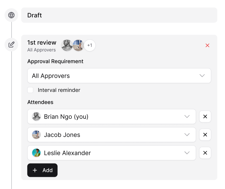 AllyMatter approval workflow configuration interface with multi-step review process and approver settings