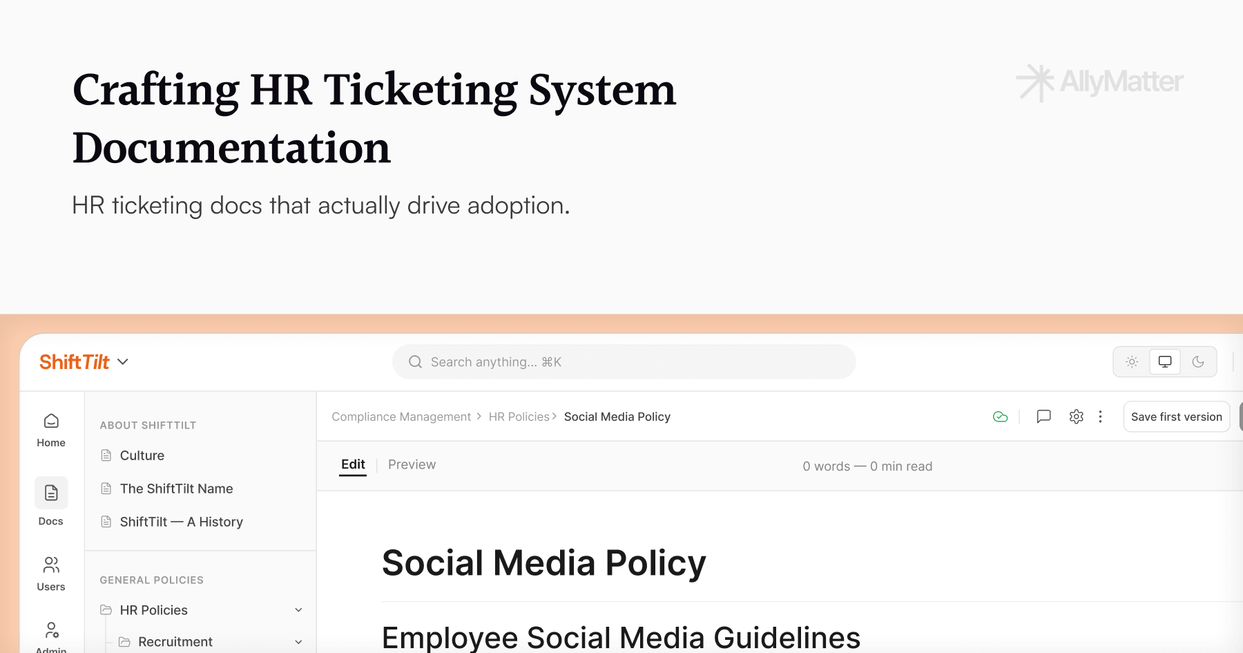 AllyMatter blog banner with the title "Crafting HR Ticketing System Documentation" and tagline "HR ticketing docs that actually drive adoption," overlaid on a preview of the AllyMatter interface showing an HR Policies knowledge base with a Social Media Policy document open.