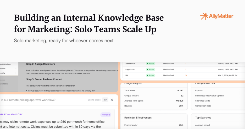 Banner titled "Building an Internal Knowledge Base for Marketing: Solo Teams Scale Up," subtitled "Solo marketing, ready for whoever comes next," with the AllyMatter logo in the top right corner.
