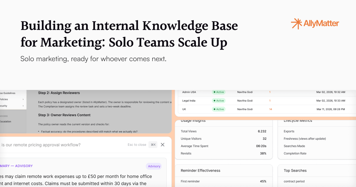 Banner titled "Building an Internal Knowledge Base for Marketing: Solo Teams Scale Up," subtitled "Solo marketing, ready for whoever comes next," with the AllyMatter logo in the top right corner.