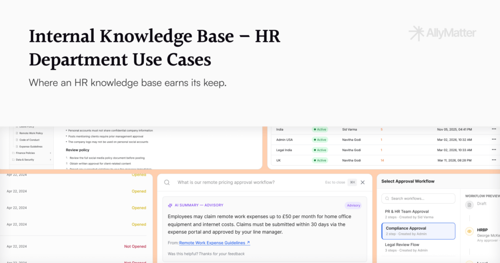 AllyMatter blog banner with the title "Internal Knowledge Base – HR Department Use Cases" and subtitle "Where an HR knowledge base earns its keep," with a composite of four product screenshots showing the library view, tags management, acknowledgment tracking, and approval workflow