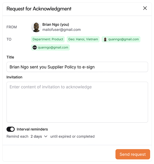 AllyMatter's policy acknowledgment interface showing HR's ability to request e-signatures for critical documents with options for targeted distribution by department and location, ensuring compliance documentation and automated follow-up reminders.