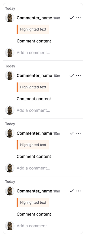 AllyMatter comment notification feed showing team collaboration on highlighted document text with reply options