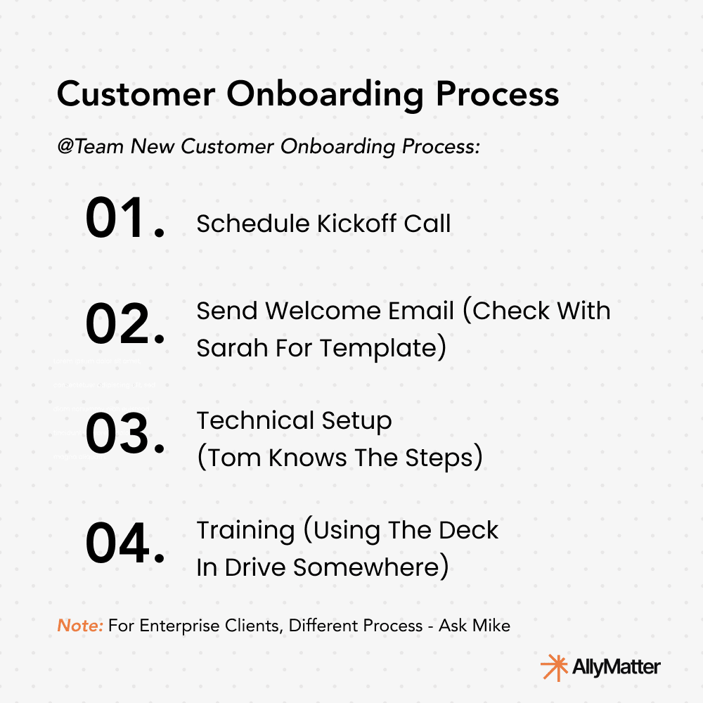 Stage 1 ad-hoc customer onboarding process example showing informal documentation with references to team members and scattered information sources