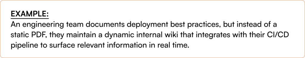 Software engineering team using dynamic internal wiki documentation that integrates with continuous integration and deployment pipeline for real-time best practices and deployment information access