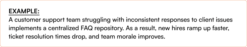 Customer support team using centralized knowledge base and FAQ repository to improve new hire onboarding, reduce ticket resolution times, and maintain consistent client issue responses