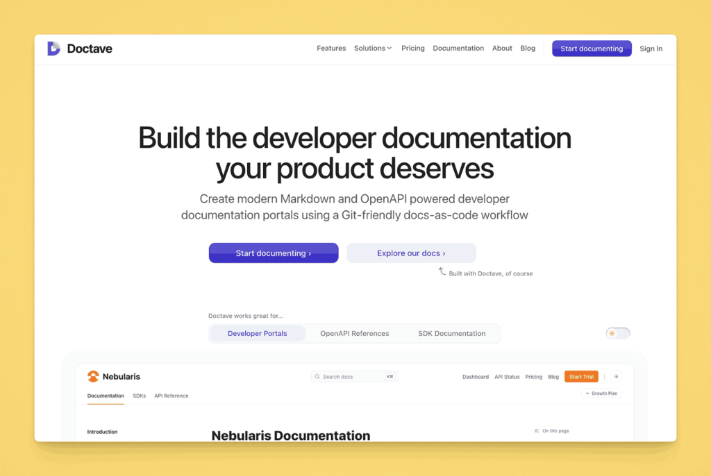 Doctave's landing page promotes building developer documentation with a "docs-as-code" workflow, featuring calls to action and examples of its documentation portal interface.
