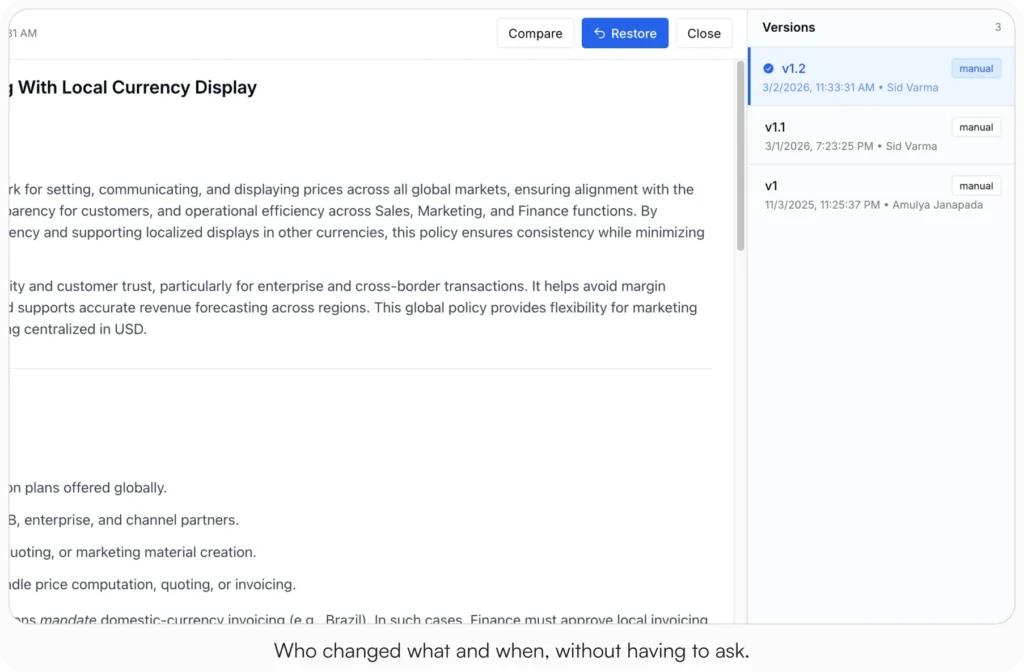AllyMatter version history panel showing three versions of a document with author names, timestamps, and a Restore option, allowing teams to track and recover prior versions.