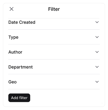 AllyMatter's document filter interface displaying options to filter public links by Date Created, Type, Author, Department, and Geo location with an Add Filter button at the bottom.