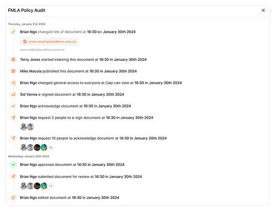 AllyMatter audit trail showing document version control, user permissions, and approval workflows for sales team collaboration