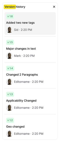 AllyMatter's version control interface displaying document revision history with clear change descriptions and user attribution for seamless collaboration