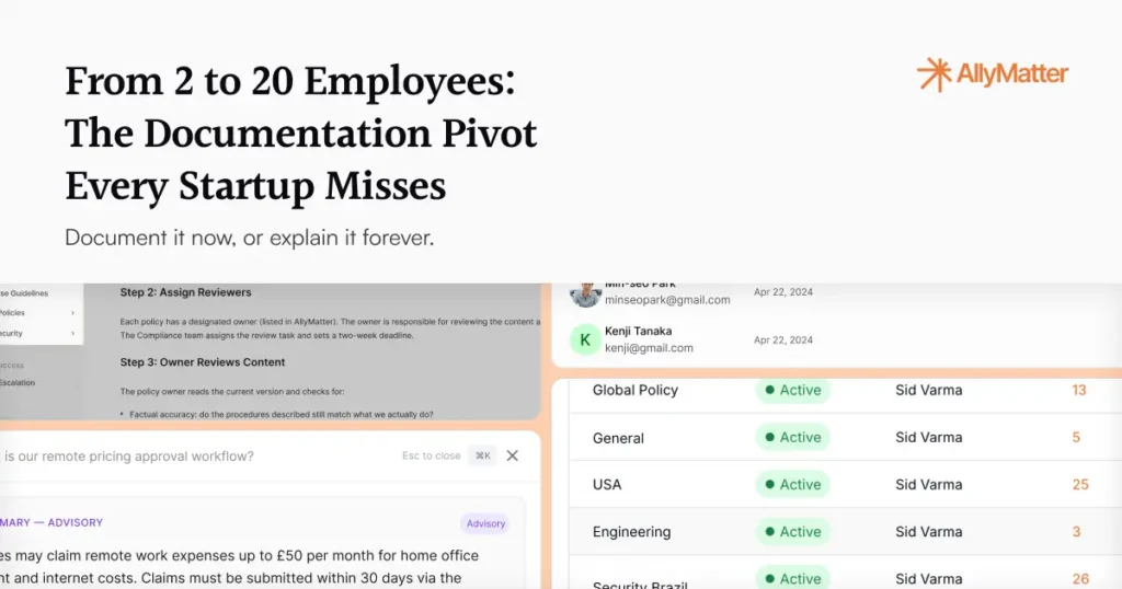 Blog banner for "From 2 to 20 Employees: The Documentation Pivot Every Startup Misses" with the subline "Document it now, or explain it forever." AllyMatter logo top right, with composite UI elements in the background.