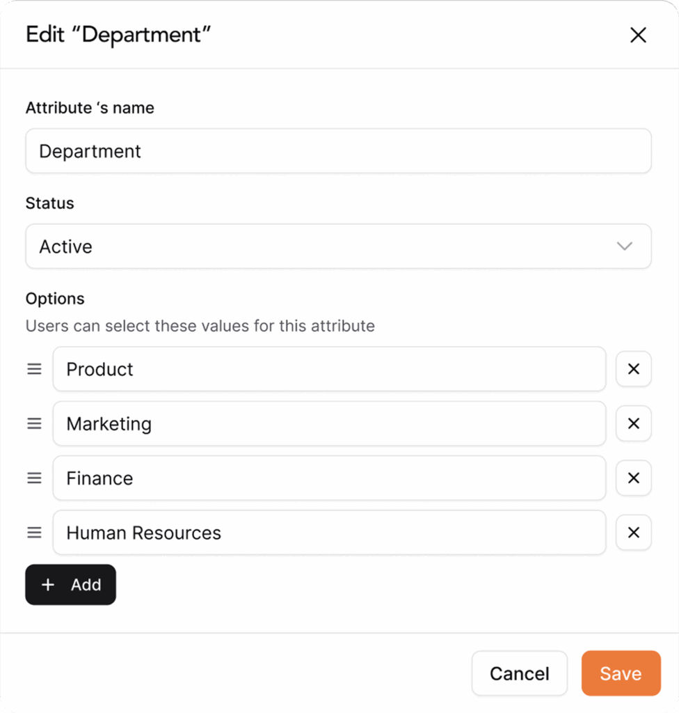AllyMatter's department attribute configuration panel showing customizable taxonomy options including Product, Marketing, Finance, and Human Resources departments, allowing compliance managers to organize legal documents by business unit.