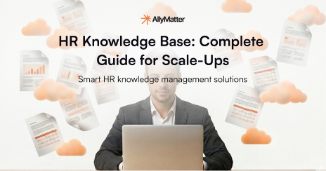 AllyMatter blog banner for HR knowledge base guide with company logo and tagline 'Smart HR knowledge management solutions'