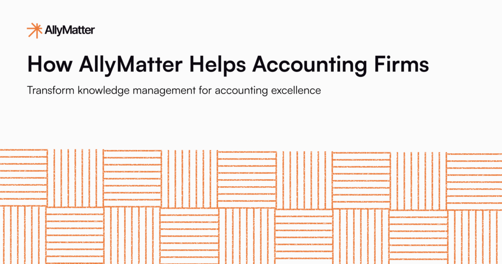 AllyMatter blog header featuring the company logo and title 'How AllyMatter Helps Accounting Firms' with subtitle 'Transform knowledge management for accounting excellence' over a stylized orange document filing system background representing organized financial documentation and knowledge management solutions