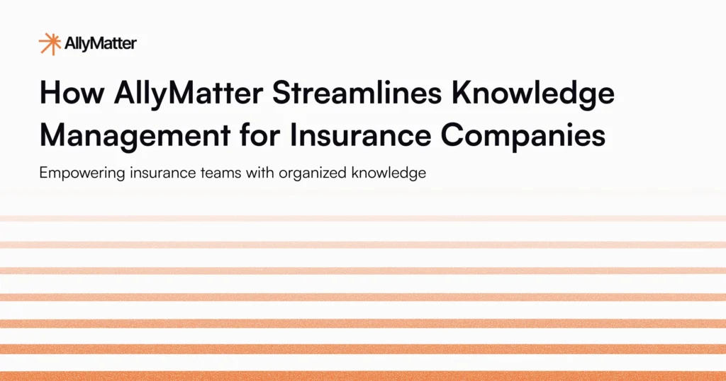 Abstract gradient background in warm orange and coral tones with the AllyMatter logo, supporting the headline about knowledge management solutions for insurance companies