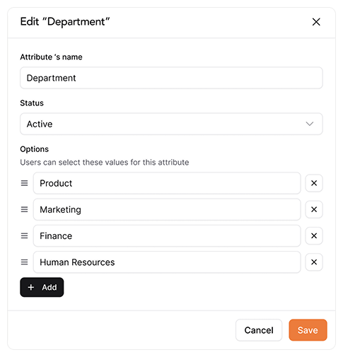 AllyMatter's attribute editing screen for customizing department categories in the knowledge base