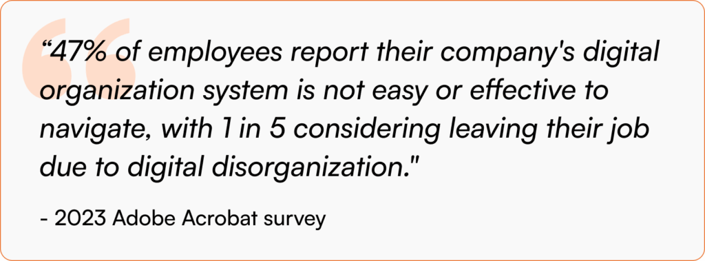Adobe Acrobat survey quote showing 47% of employees find company digital organization ineffective with 20% considering job changes