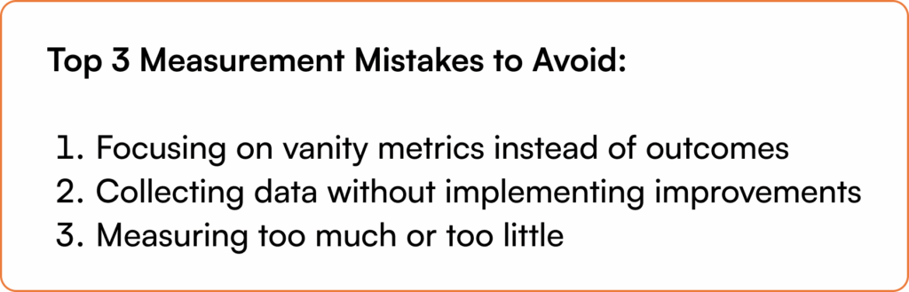 Documentation measurement mistakes infographic listing vanity metrics focus, data collection without action, and poor measurement scope