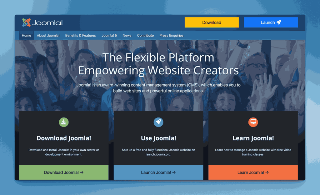 Joomla flexible content management system (CMS) platform homepage empowering website creators with award-winning features for building web sites and online applications