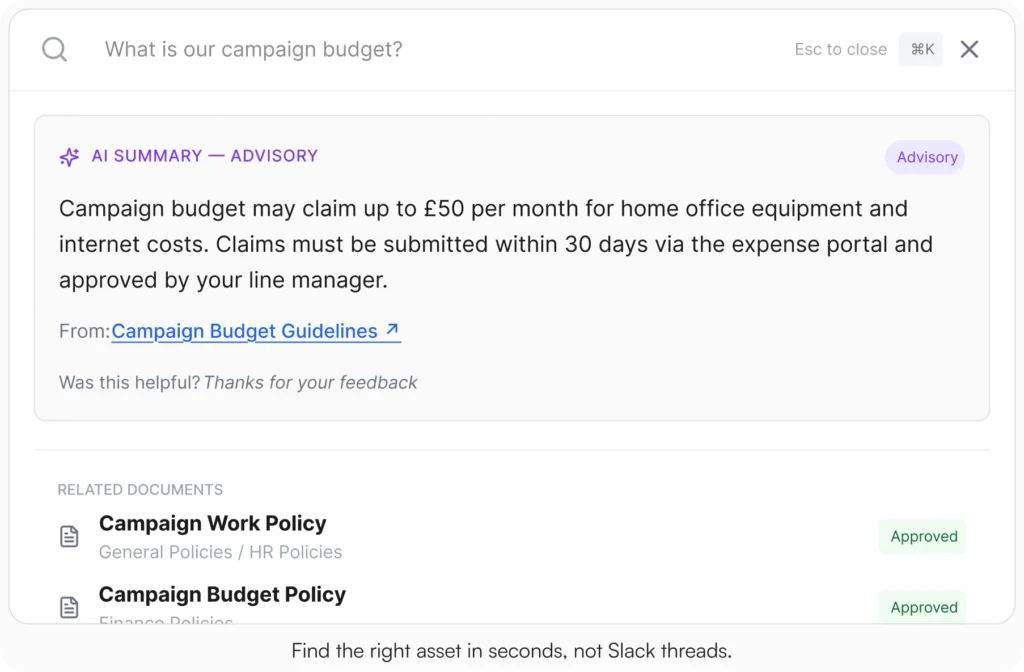 AllyMatter search bar showing keyword results for campaign documents with approval status visible