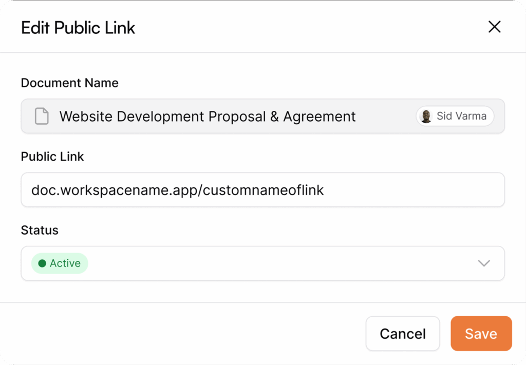 AllyMatter's Edit Public Link dialog showing a Website Development Proposal document owned by Sid Varma with customizable URL, active status, and save/cancel options.